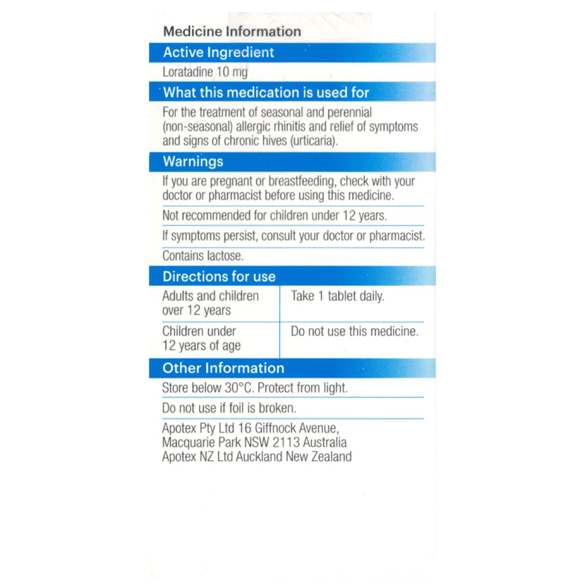 Apohealth Loratadine Hayfever Allergy Relief Tablets