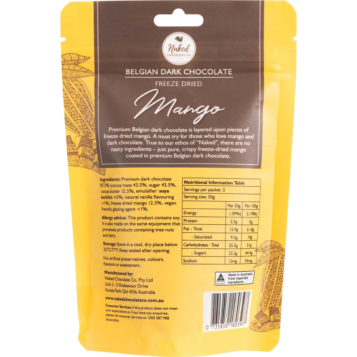 Naked Chocolate Co Dark Chocolate Freeze Dried Mango G