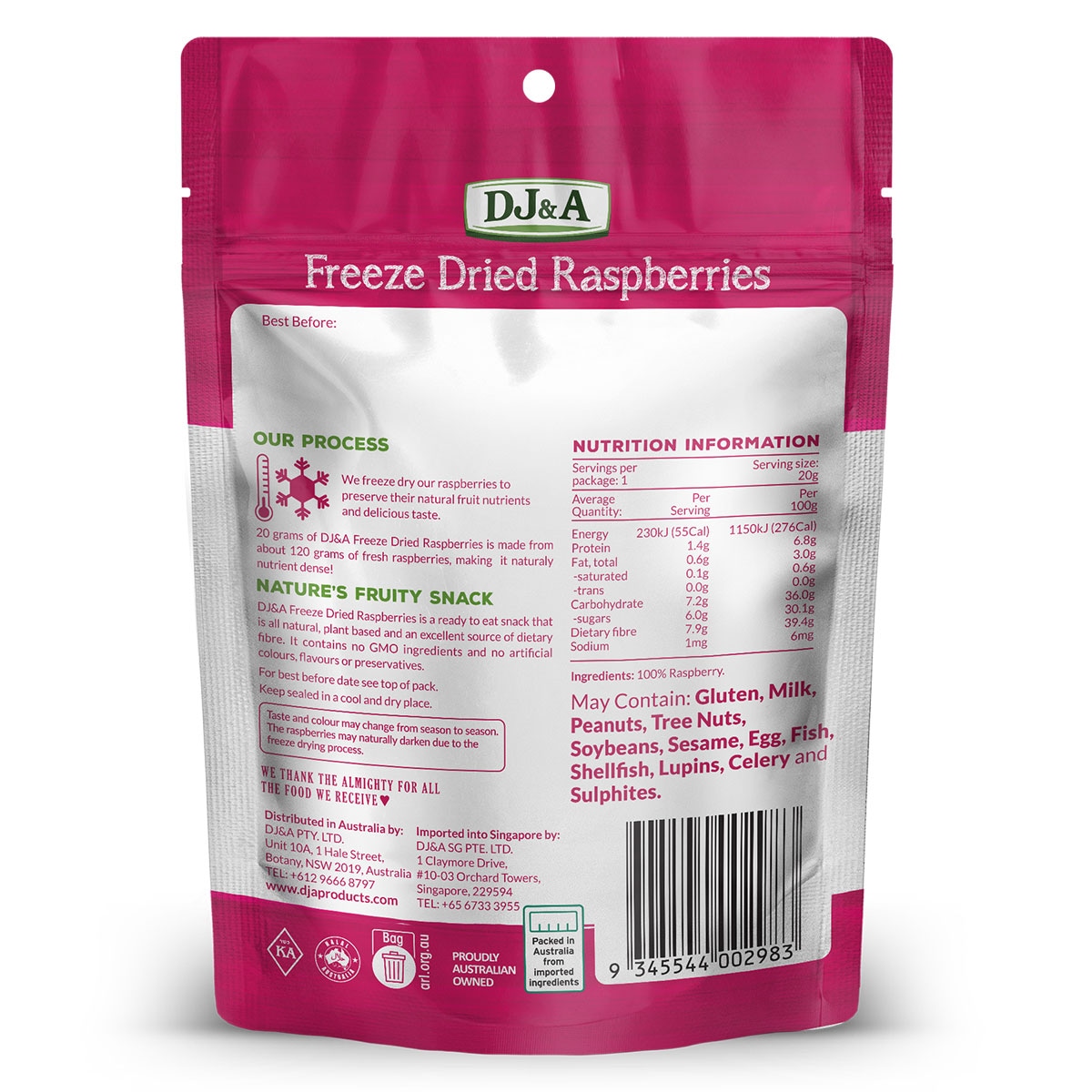 DJ&A Freeze Dried Raspberries 20g