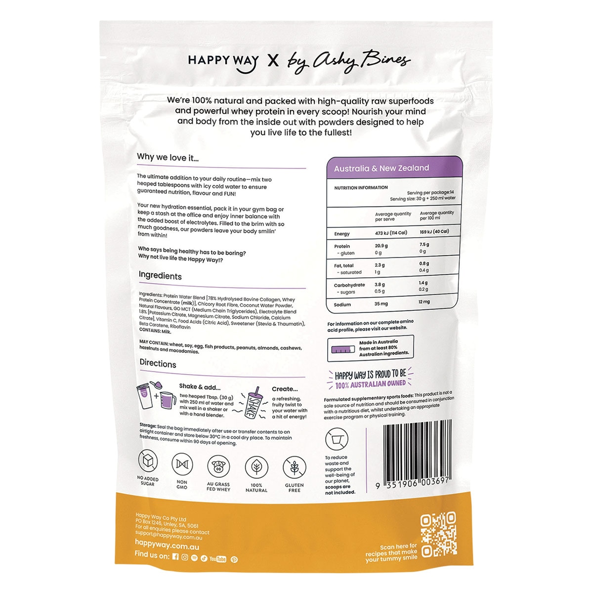 Happy Way Ashy Bines Whey Protein Water Powder Passionfruit 420g