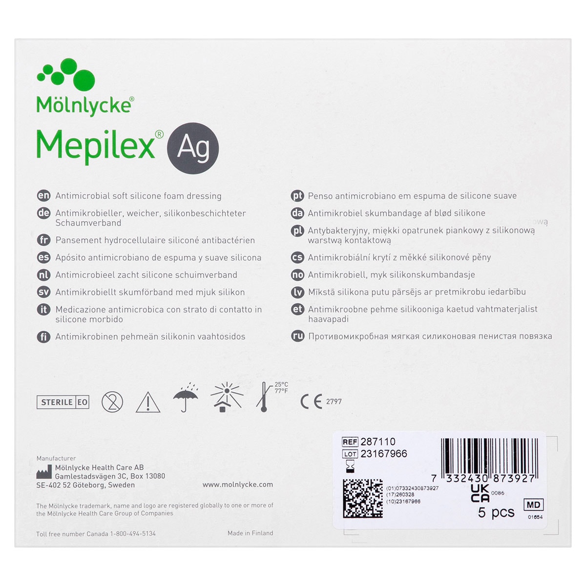 Mepilex AG Antimicrobial Foam Dressing 287110 10cm x 10cm 5 Pack