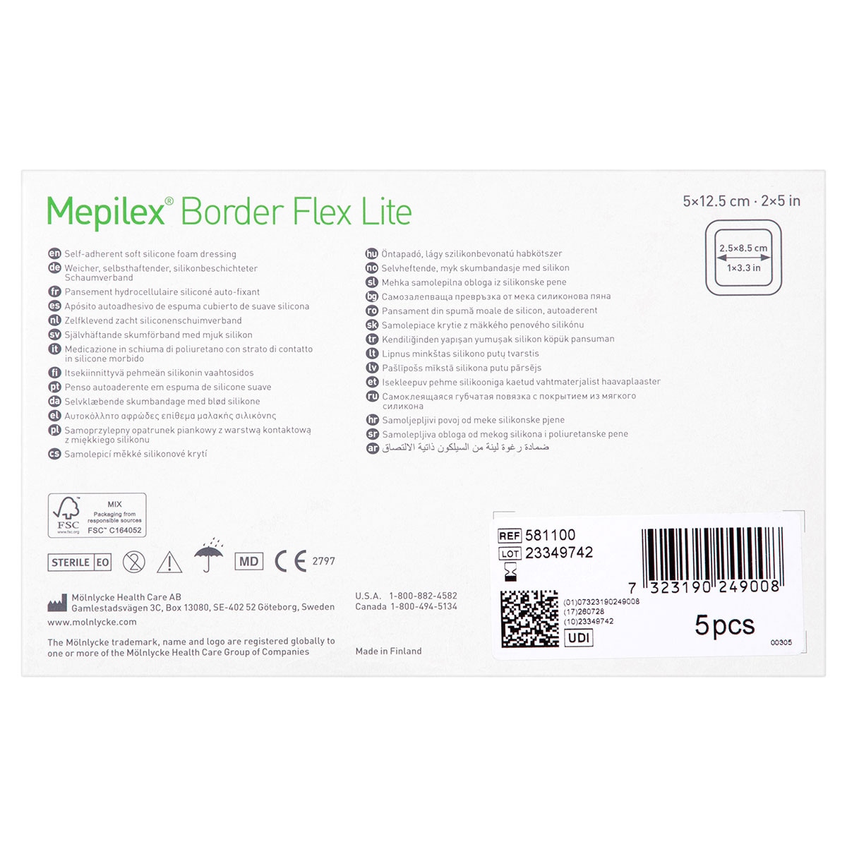 Mepilex Border Flex Lite Wound Dressing 581100 5cm x 12.5cm 5 Pack