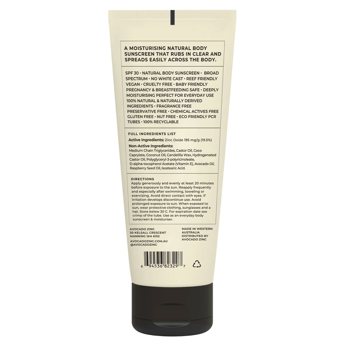 Avocado Zinc Natural Body Sunscreen SPF30 - 100ml