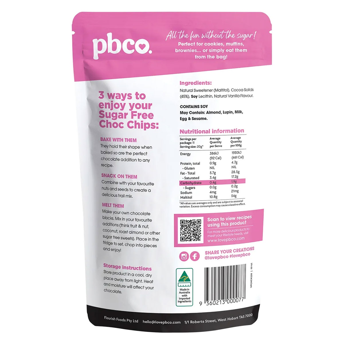 Pbco. Choc Chips 98% Sugar Free 200g