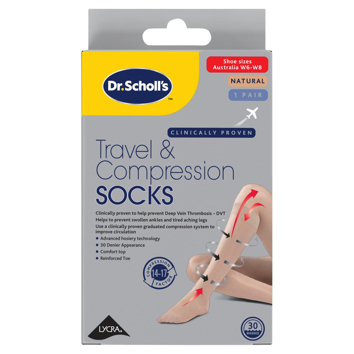 Scholl Travel & Compression Socks Natural Size AU W6-W8 -1 Pair
