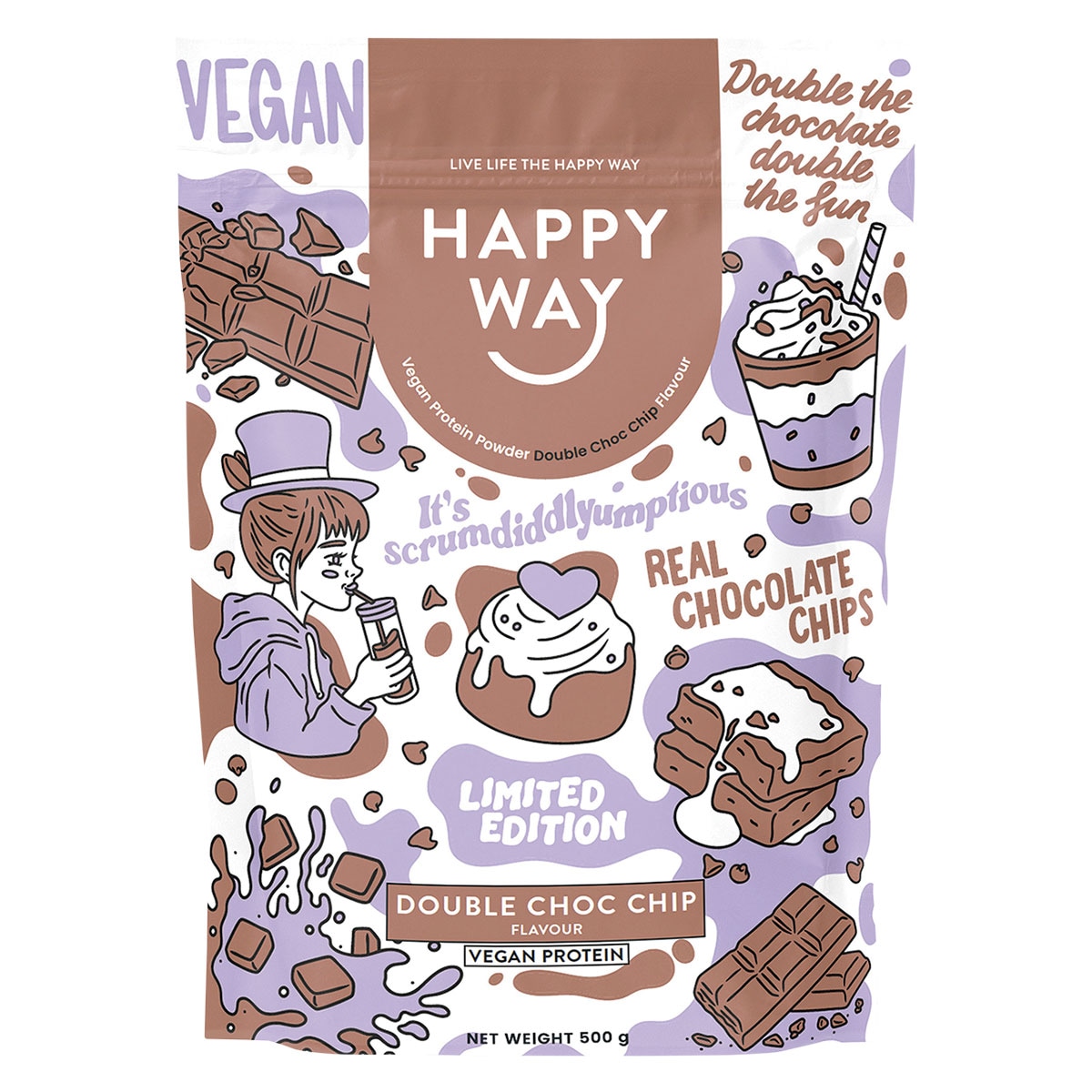 Happy Way Vegan Protein Powder Double Choc Chip 500g