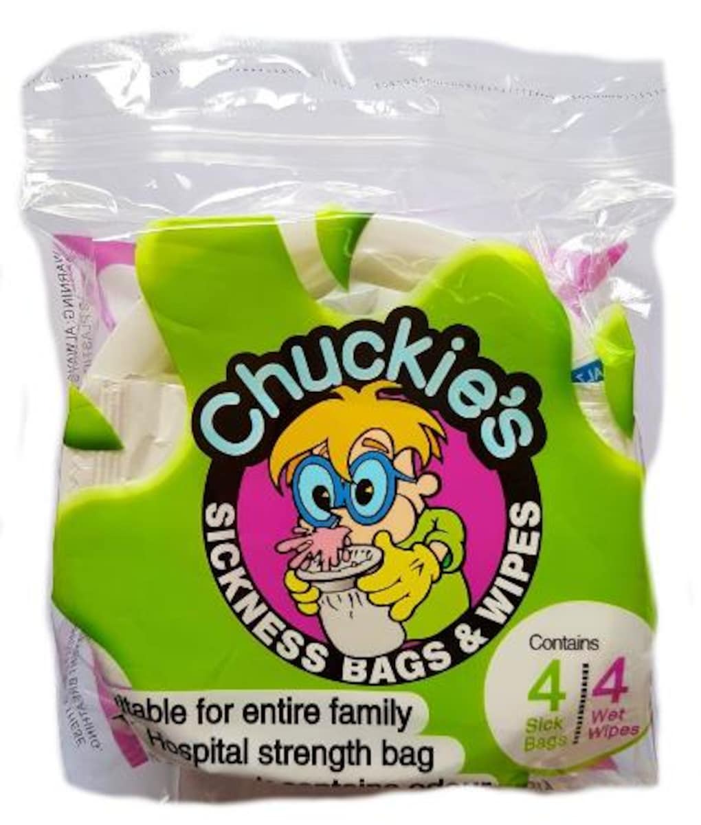 Chuckies Vomit Bags includes 4 Vomit Bags & 4 Wet Wipes