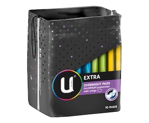 U by Kotex Extra Overnight Pads with Wings 10 Pack