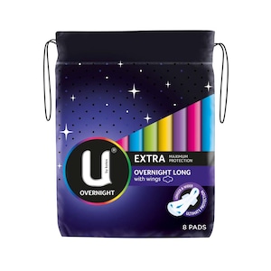 U by Kotex Extra Overnight Long Pads with Wings 8 Pack