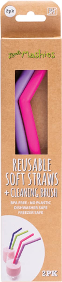 Little Mashies Reusable Soft Silicone Pink & Purple Straws + Cleaning Brush