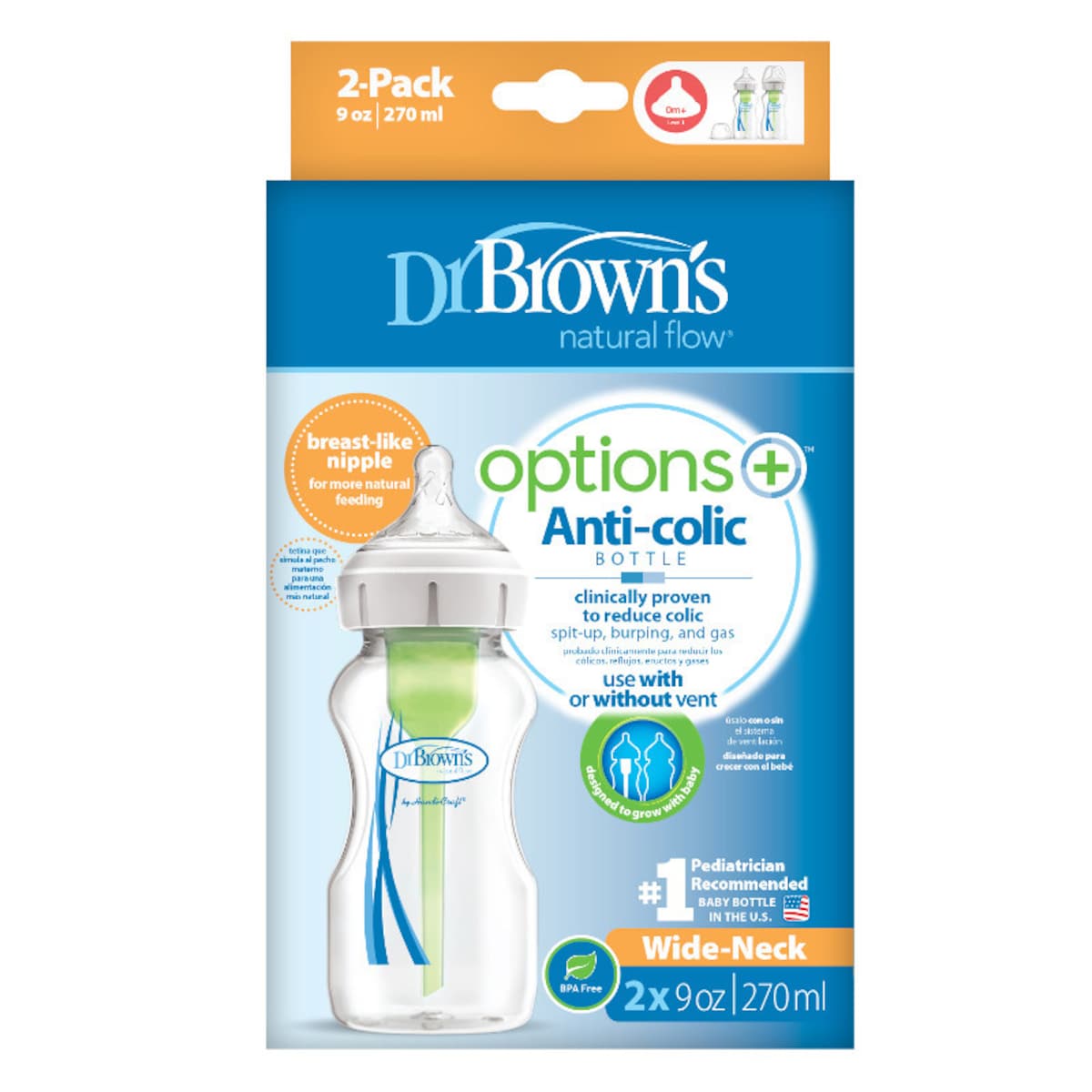 Dr Brown's Options+ Wide Neck Baby Bottle 2 x 270ml