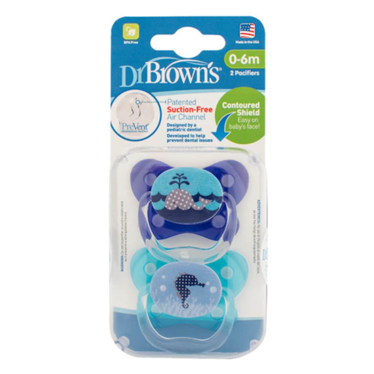 Dr Brown's PreVent Contoured Baby Pacifier 0-6 Months Blue 2 Pack