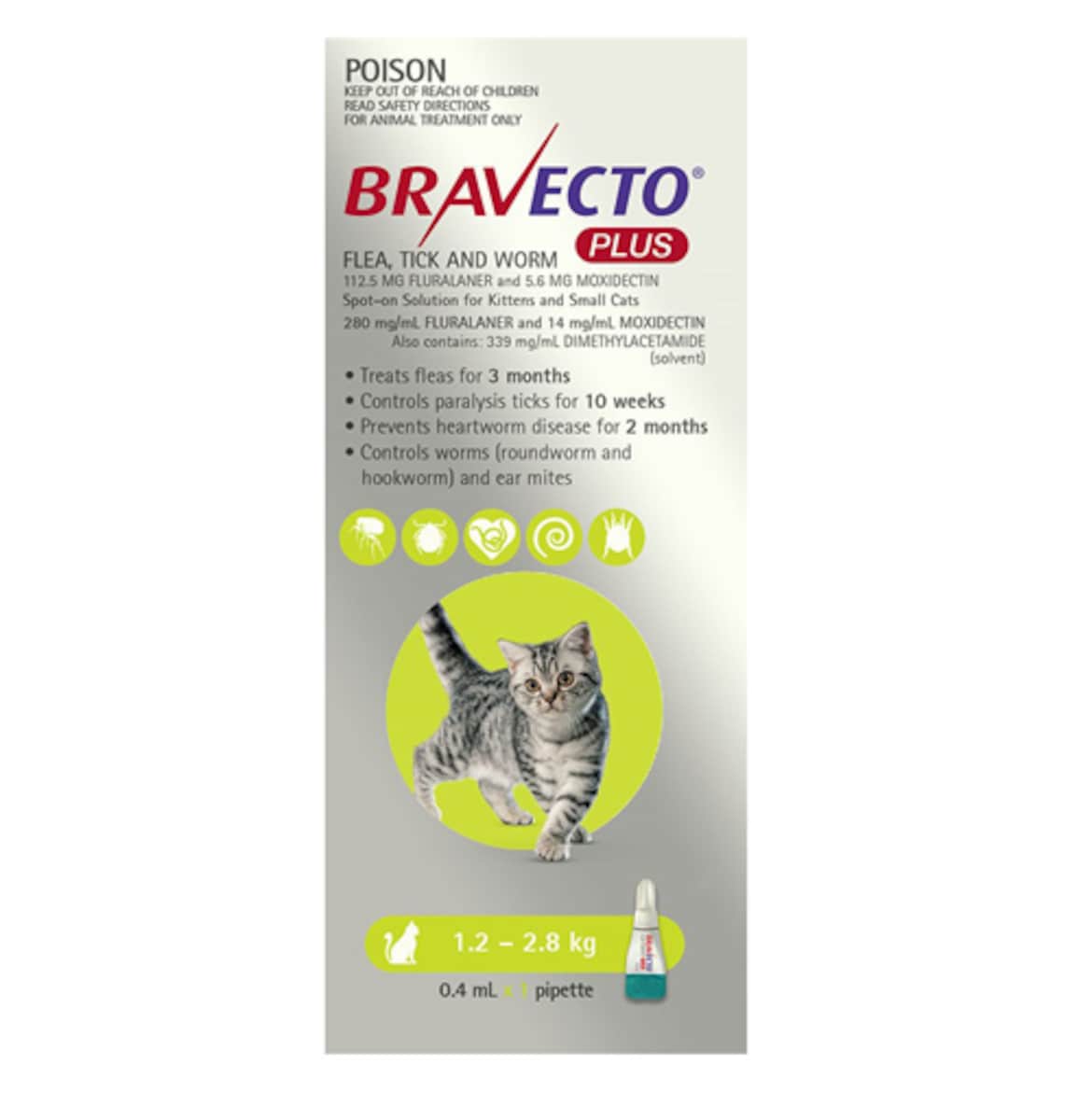 Bravecto Plus for Small Cats 1.2kg - 2.8kg (Green) 0.4ml Pipette