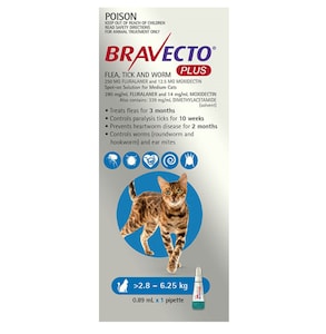Bravecto Plus for Medium Cats 2.8kg - 6.25kg (Blue) 0.89ml Pipette