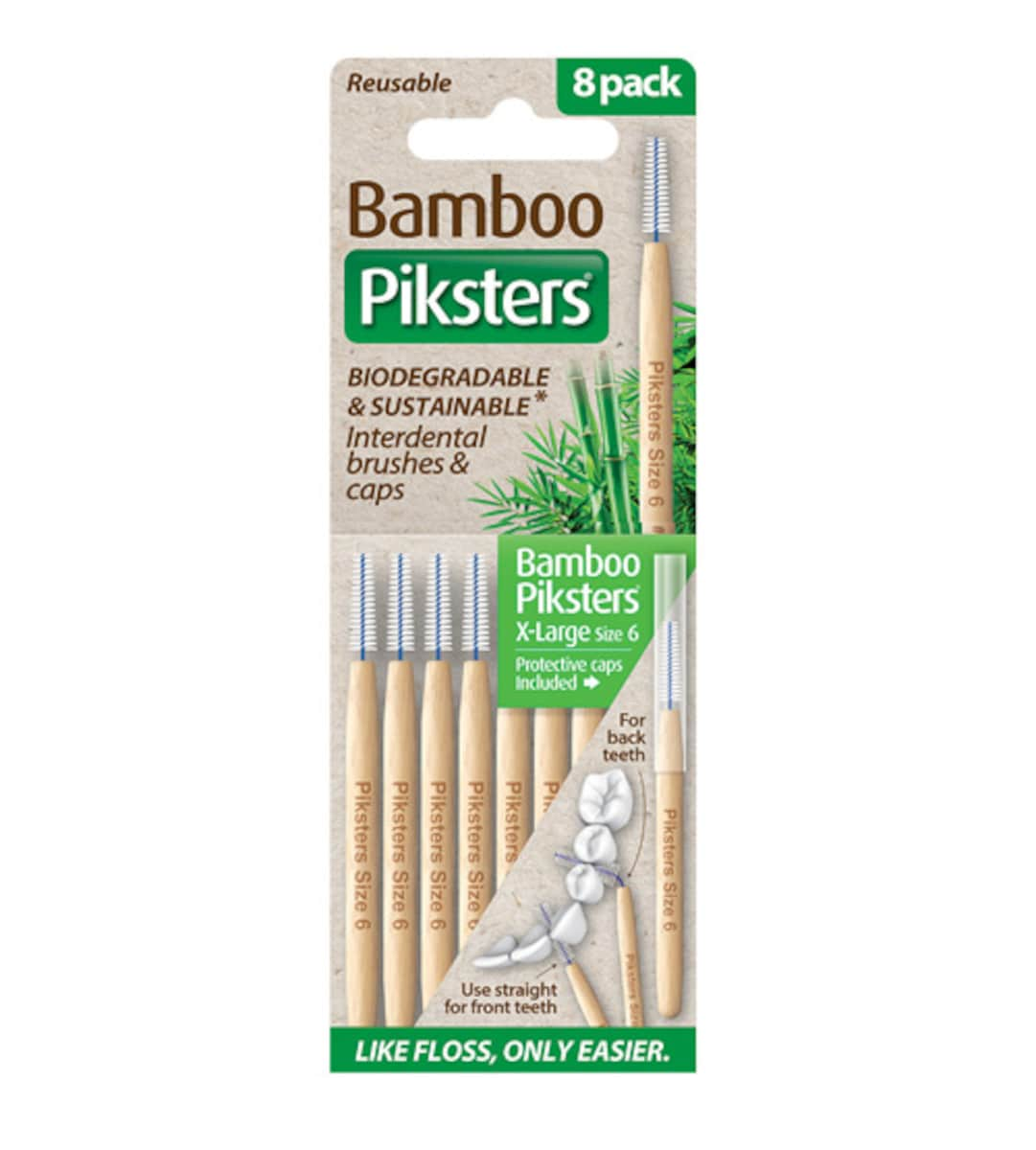 Piksters Bamboo Interdental Brush Size 6 Green 8 Pack