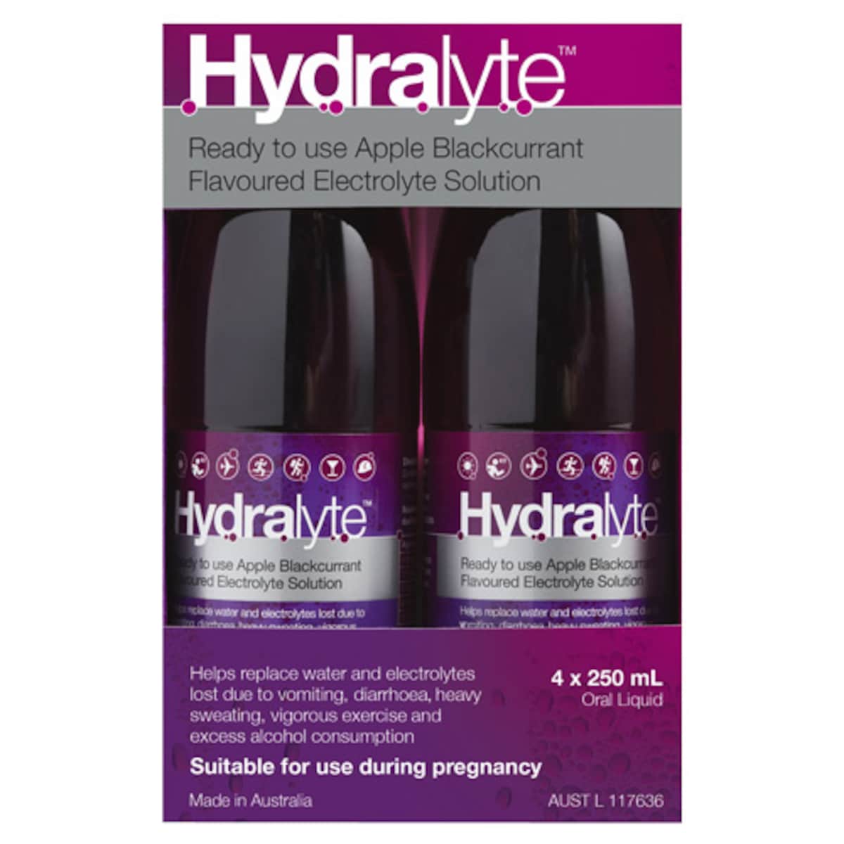 Hydralyte Ready to Use Electrolyte Solution Apple Blackcurrant 4 x 250ml