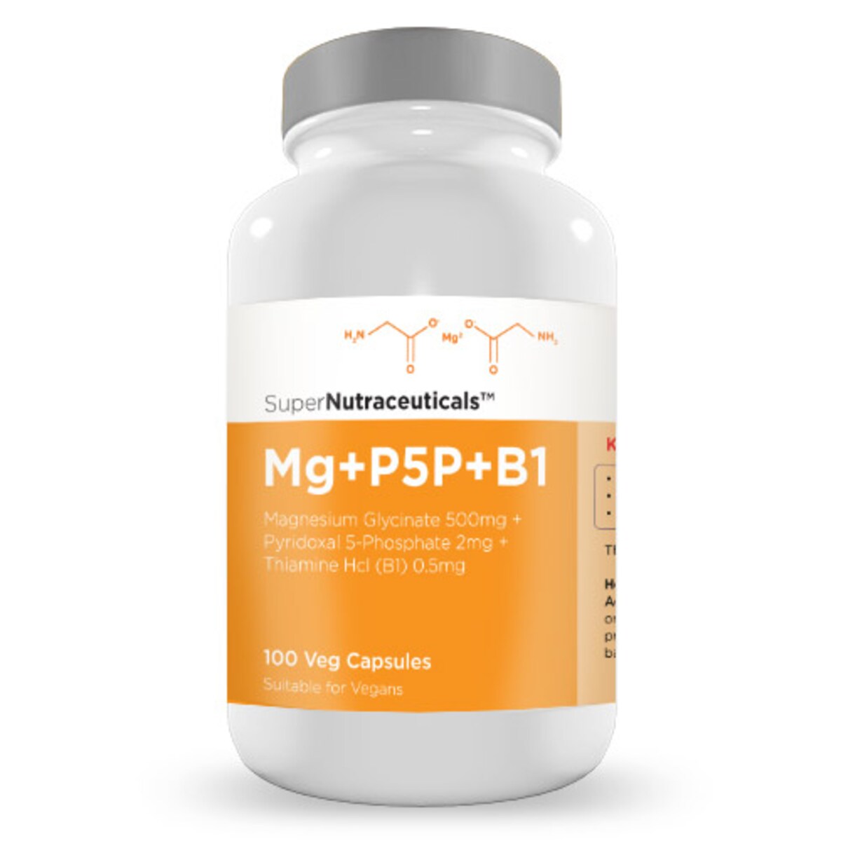 SuperNutraceuticals Magnesium Glycinate 500mg Pyridoxal 5-Phosphate 2mg Thiamine (B1) 0.5mg Capsules 100 {Compounded}