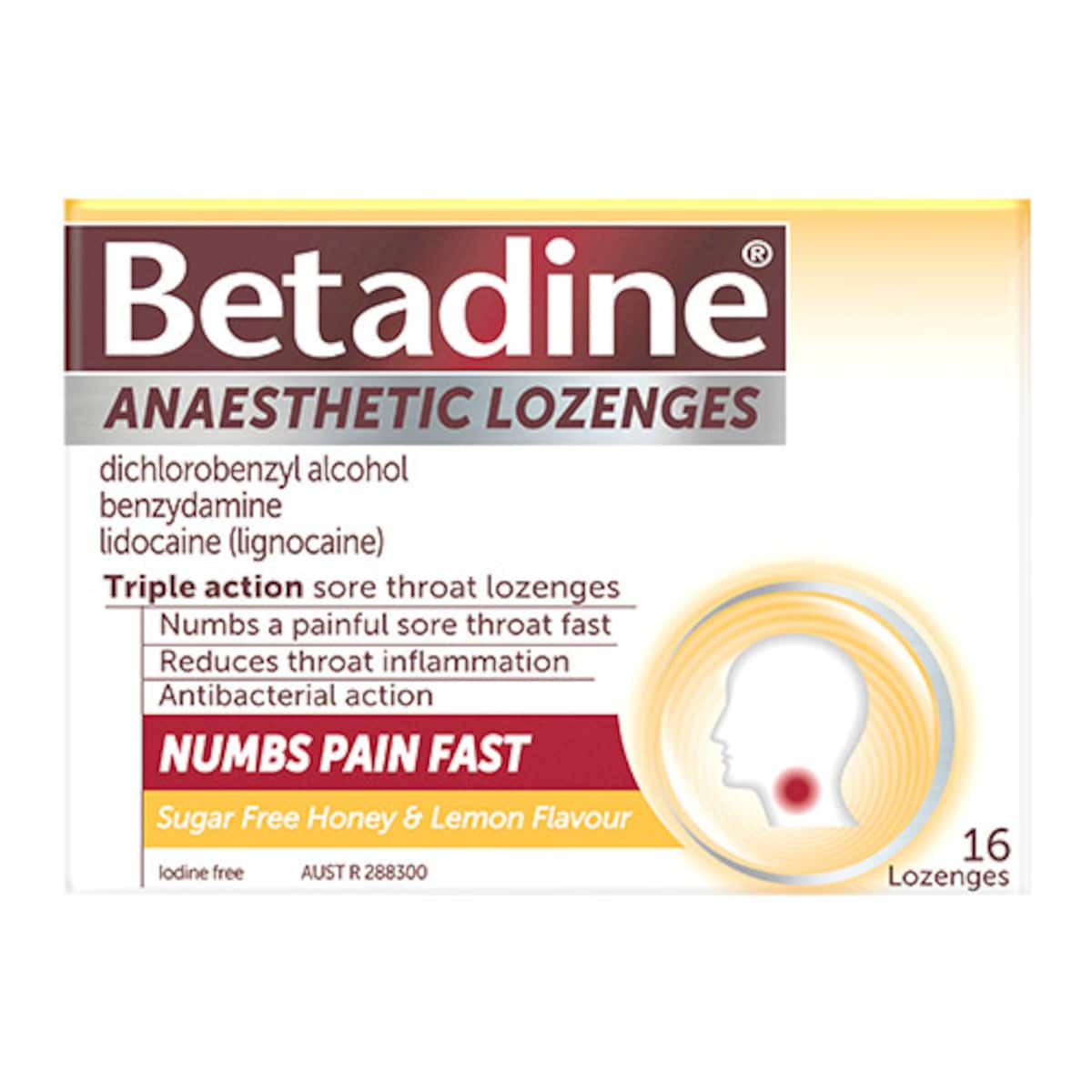 Betadine Anaesthetic Sore Throat Lozenges Honey & Lemon 16 Pack