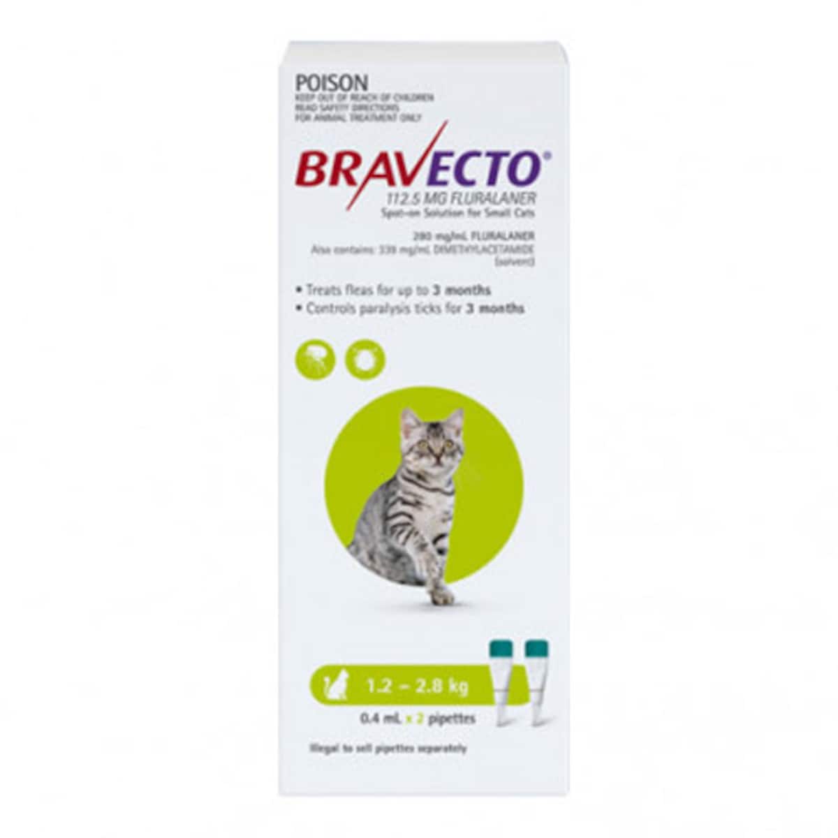 Bravecto Spot-On Cat Green 1.2 - 2.8kg 112.5mg 2 Pack
