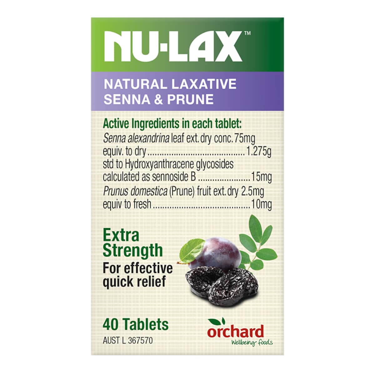 Nu-Lax Natural Laxative Senna & Prune 40 Tablets