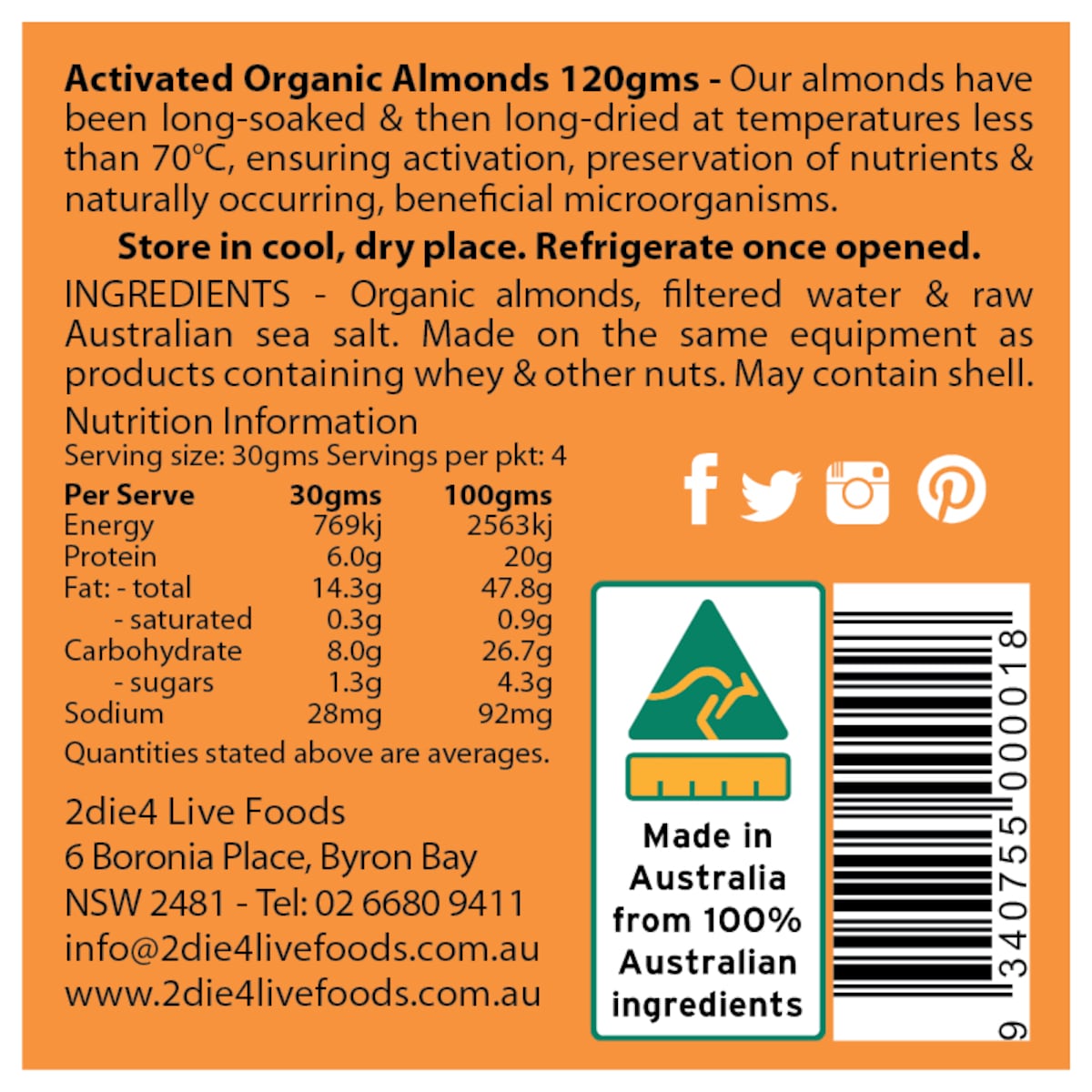 2Die4 Live Foods Organic Activated Almonds 120g
