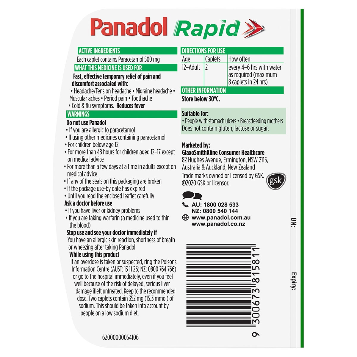 Panadol Rapid Fast Pain Relief Handipak 10 Caplets