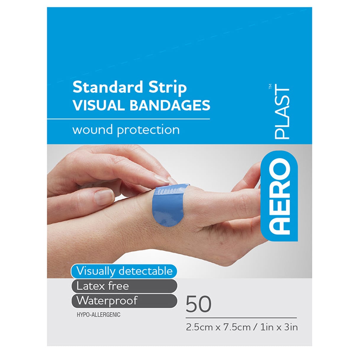 AeroPlast Standard Strip Visual Bandages 2.5cm x 7.5cm 50 Strips