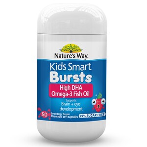 Natures Way Kids Smart Bursts Omega 3 Fish Oil High DHA Strawberry 50 Chewable Capsules