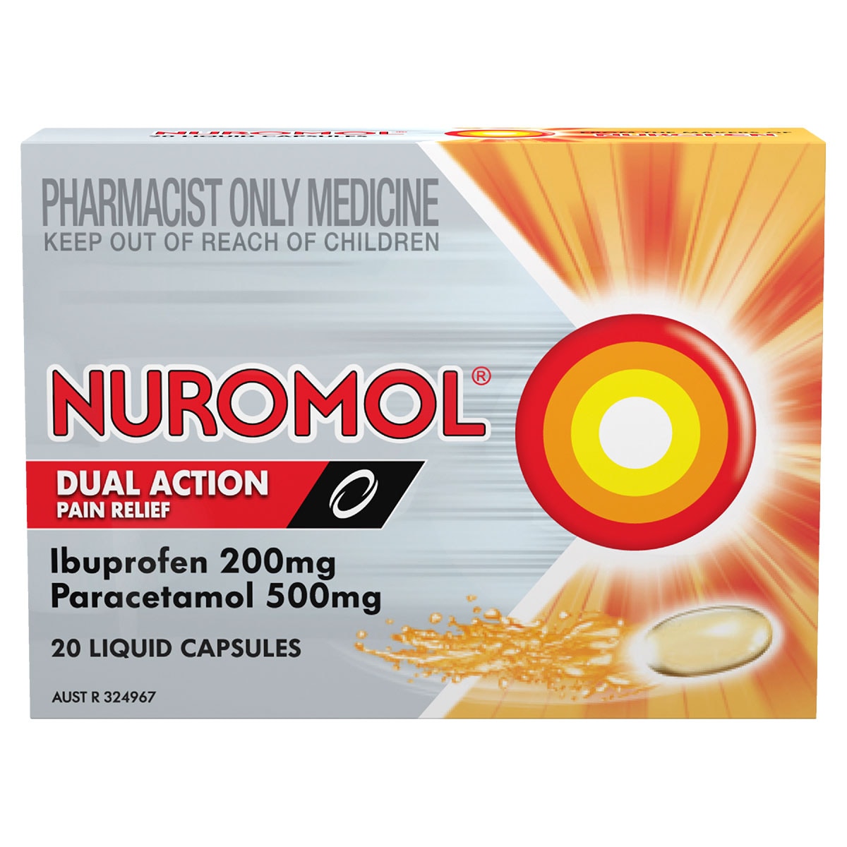 Nuromol Paracetamol (500mg) Ibuprofen (200mg) Dual Action Pain Relief 20 Liquid Capsules