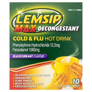 Lemsip Max Decongestant Cold & Flu Hot Drink Blackcurrant 10 Sachets