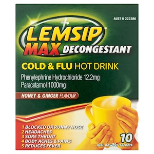Lemsip Max Decongestant Cold & Flu Hot Drink Honey & Ginger 10 Sachets