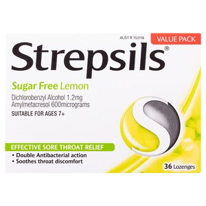 Strepsils Sugar Free Sore Throat Relief Lemon 36 Lozenges