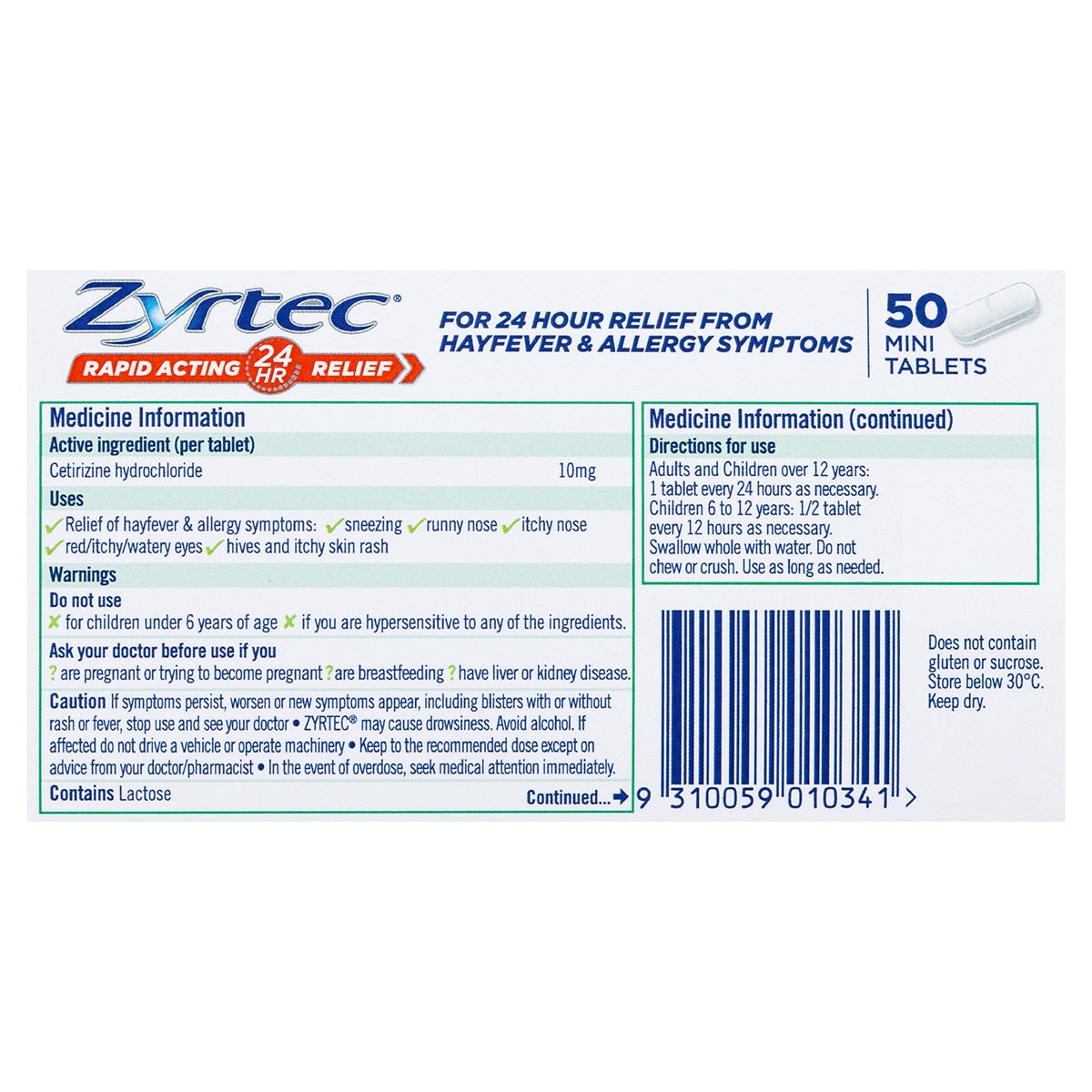 Zyrtec Allergy & Hayfever Relief Rapid Acting 50 Mini Tablets