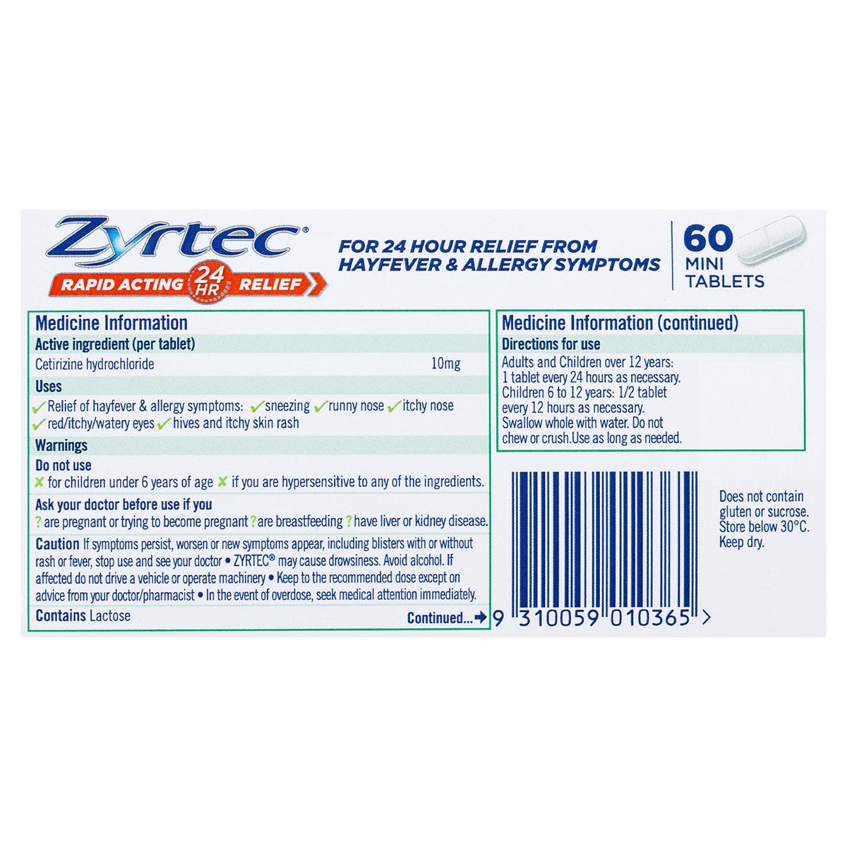Zyrtec Allergy & Hayfever Relief Rapid Acting 60 Mini Tablets