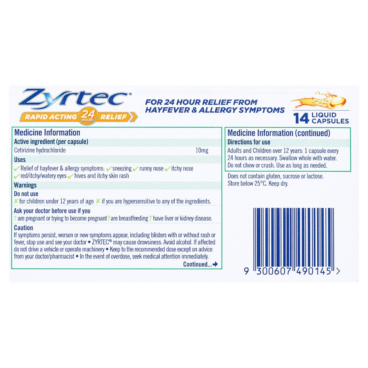 Zyrtec Rapid Acting Hayfever & Allergy Relief 14 Liquid Capsules