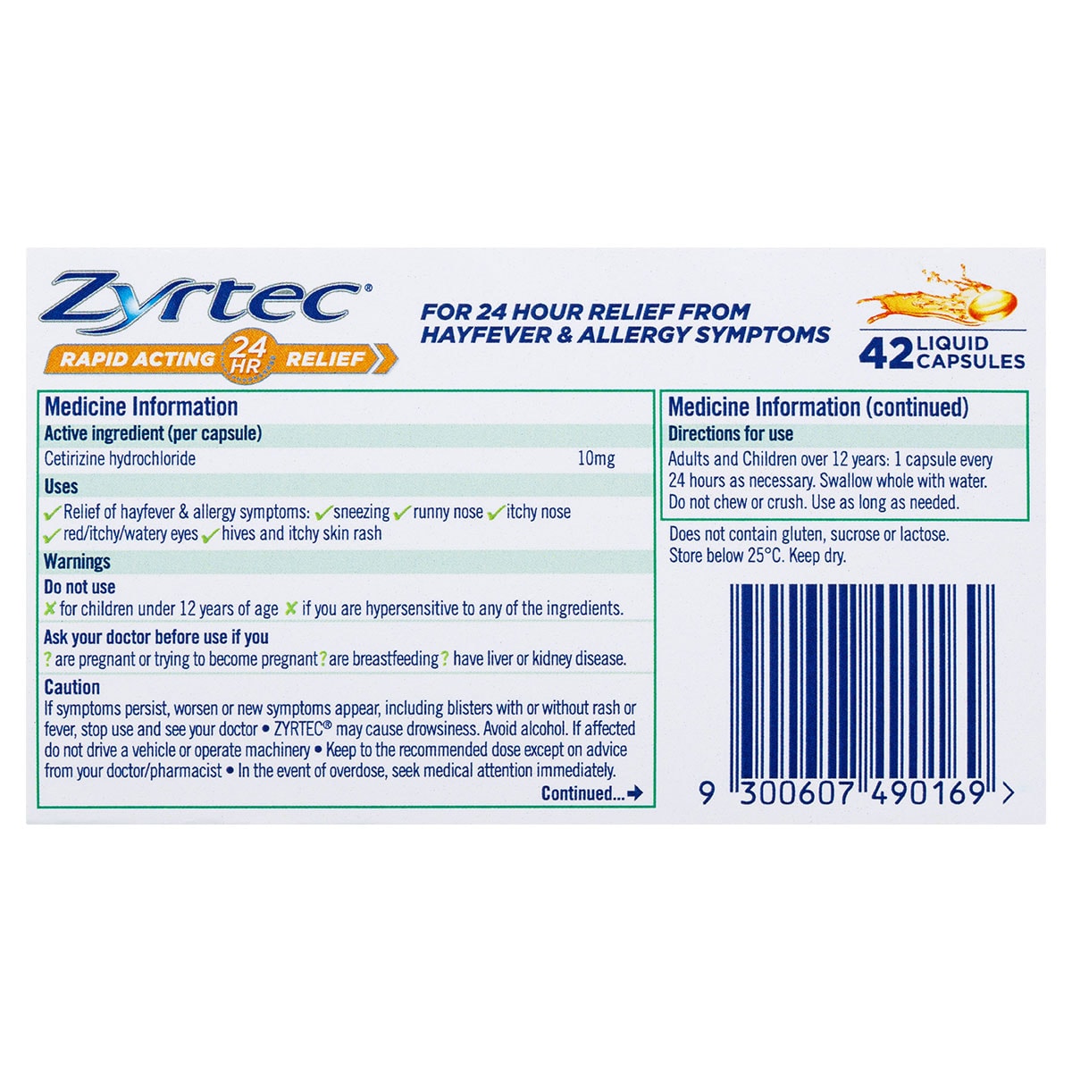 Zyrtec Rapid Acting Hayfever & Allergy Relief 42 Liquid Capsules