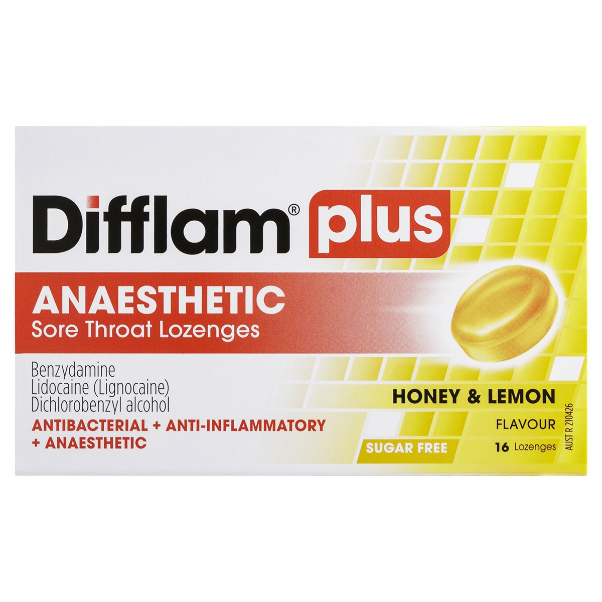 Difflam Plus Anaesthetic Sore Throat Lozenges Honey & Lemon 16 Pack