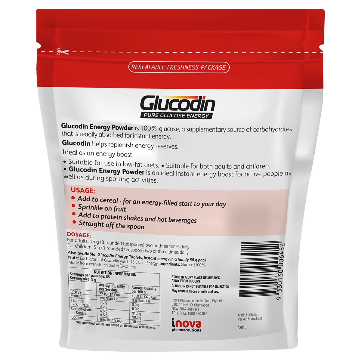 Glucodin Pure Glucose Energy Powder 325g Zip Lock Bag
