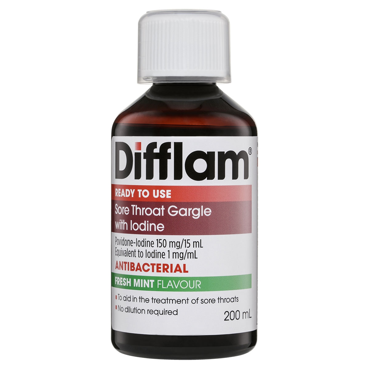 Difflam Ready to Use Sore Throat Gargle with Iodine Fresh Mint 200ml