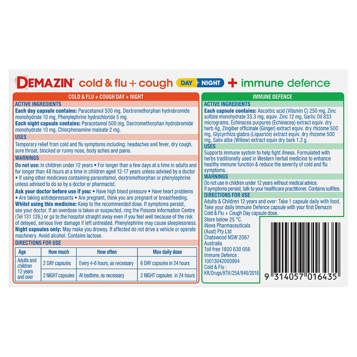 Demazin Ultra Cough Cold and Flu + Immune Defence 34 Tablets