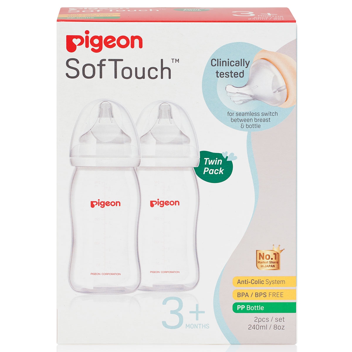 Pigeon SofTouch PP Baby Bottle 240ml Twin Pack