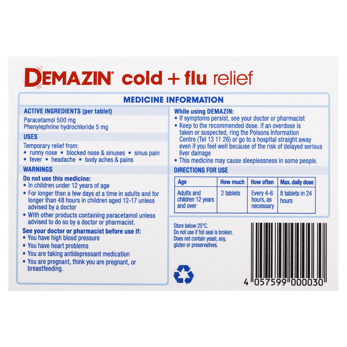 Demazin PE Multi-Action Cold & Flu Relief 24 Tablets