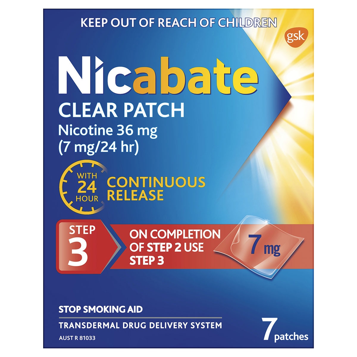 Nicabate Clear Patch 7mg Step 3 Quit Smoking 7 Pack