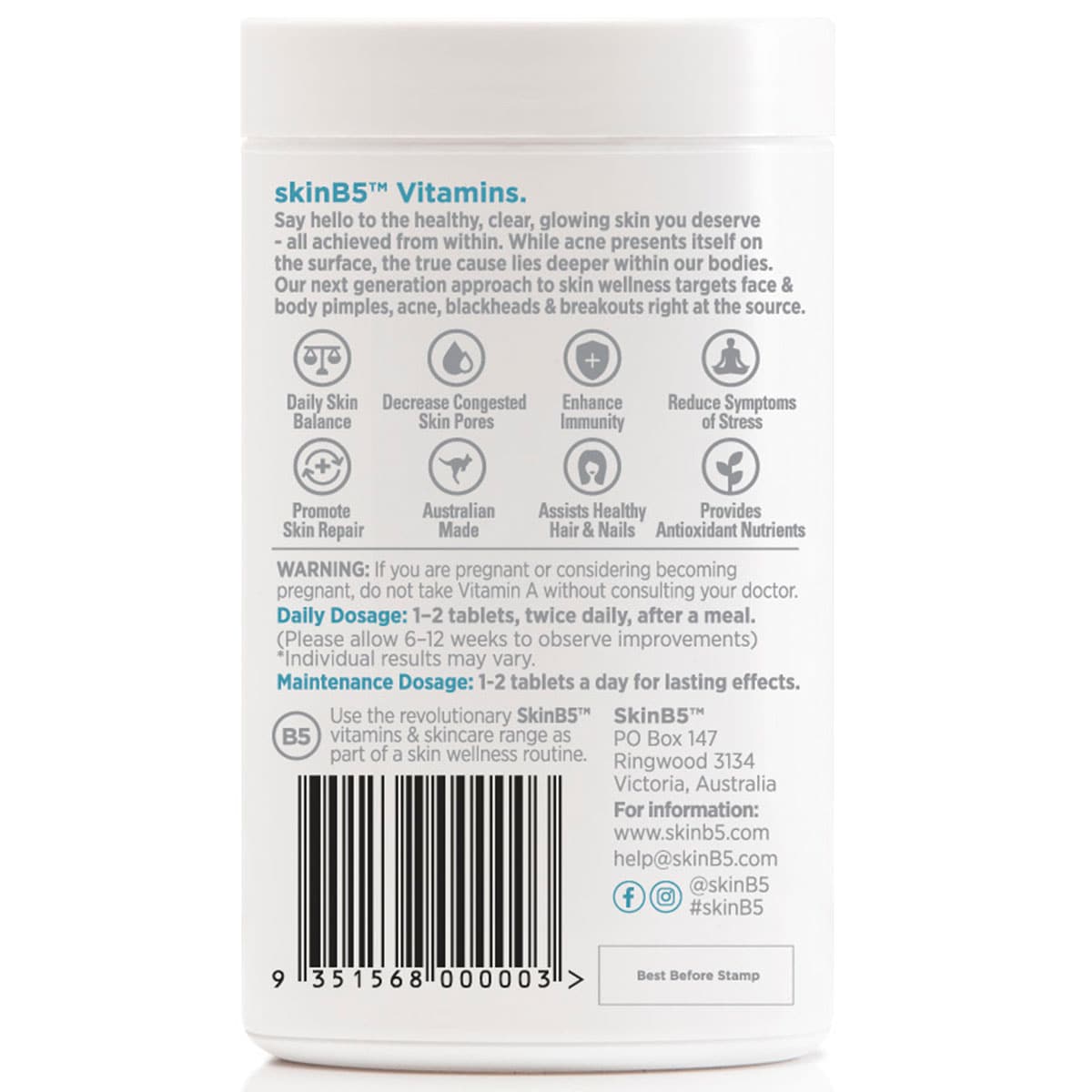 SkinB5 Extra Strength Acne Control Vitamins 120 Tablets