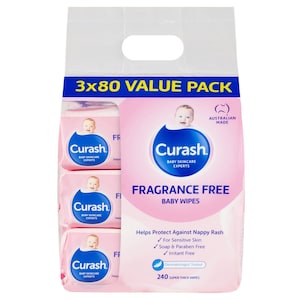 Curash Baby Fragrance Free 3 x 80 Baby Wipes