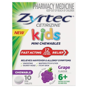 Zyrtec Kids Fast Acting Allergy & Hayfever Relief Grape 10 Chewable Tablets
