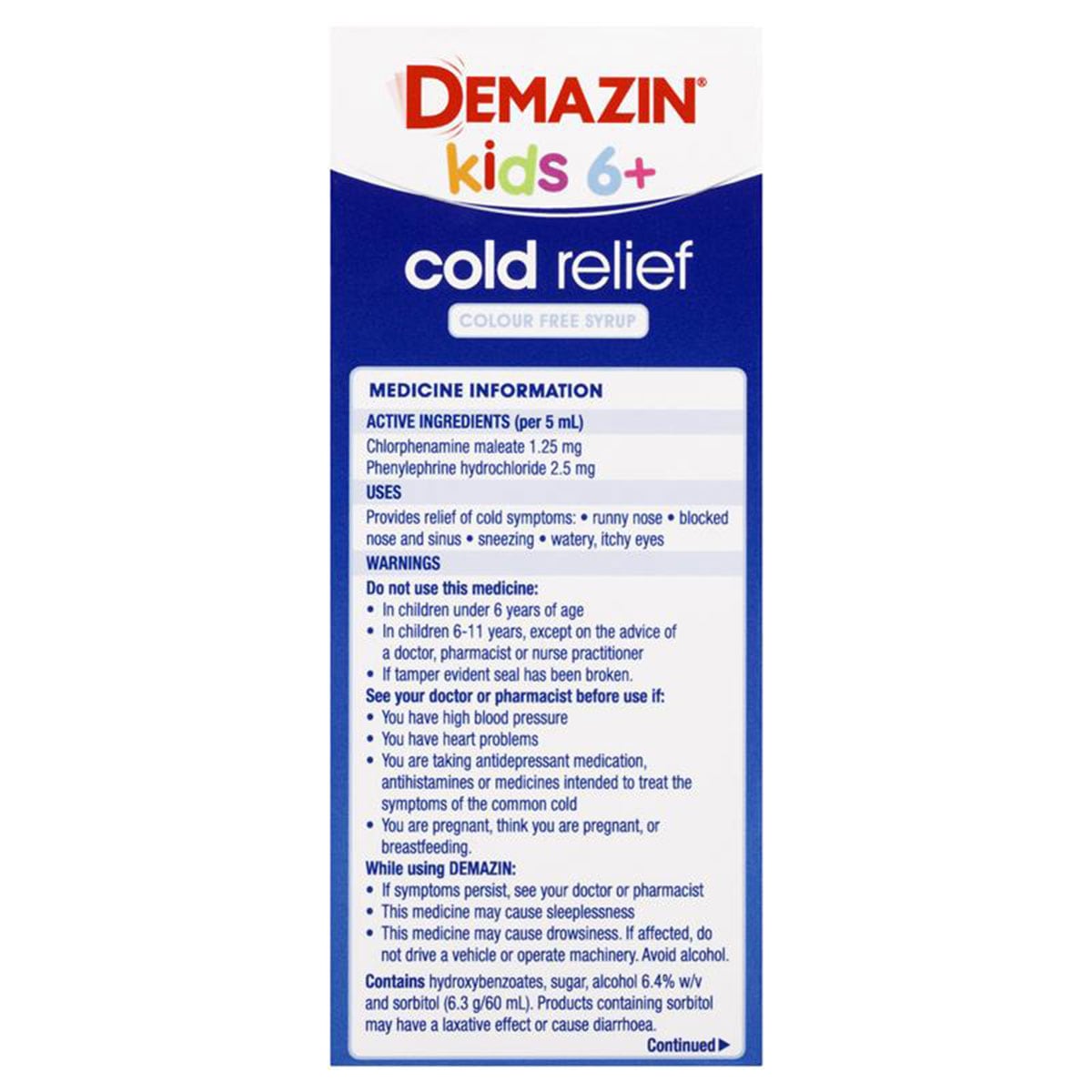 Demazin Kids 6+ Years Cold Relief Colour Free Syrup Peach & Vanilla 100ml