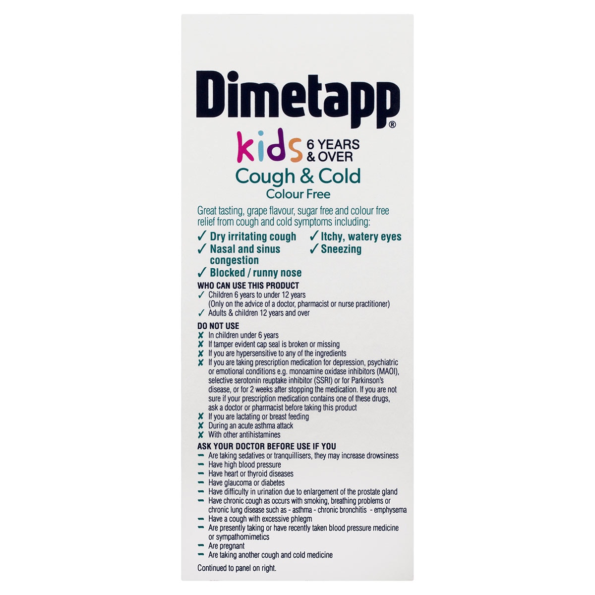 Dimetapp Kids 6+ Years Cough & Cold Colour Free 100ml