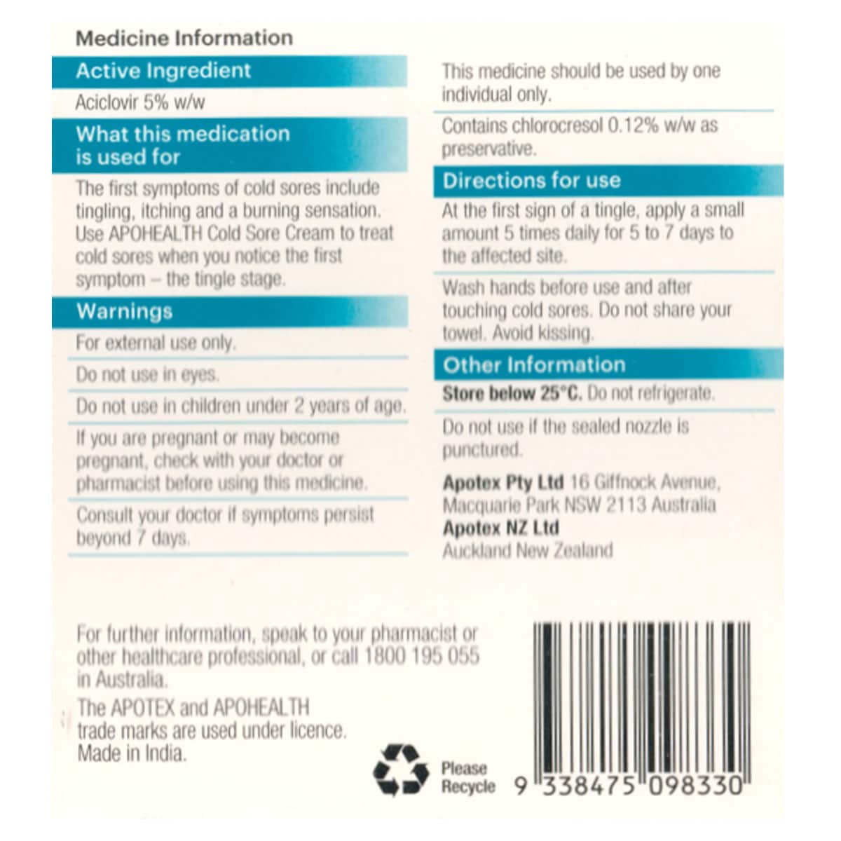 APOHEALTH Cold Sore Cream 5g