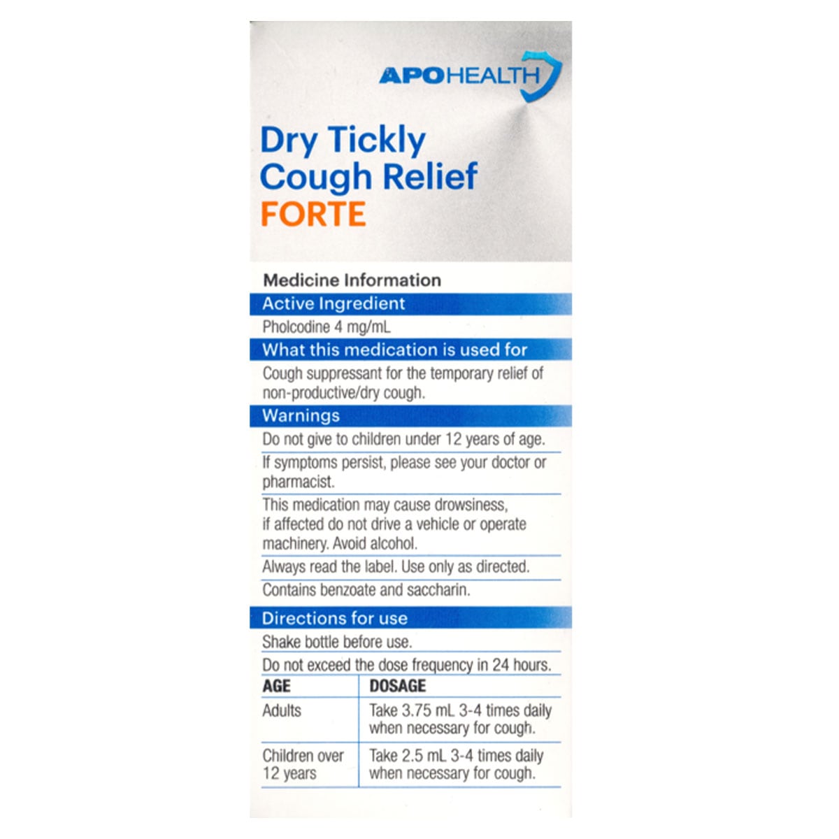 APOHEALTH Dry Tickly Cough Relief Forte Peach Flavour 200ml